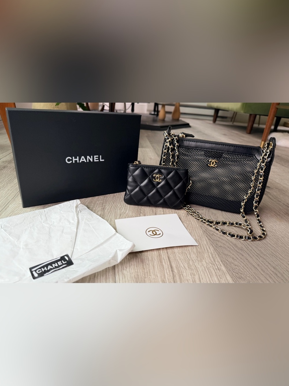 FULL SET New in Box Chanel Makeup Mesh Clutch w Chain in Black Lambskin Leather - Picture 3 of 16